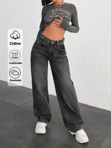 EURMUSE 100% COTTON HIGH WAIST BUTTON DETAILED WIDE LEG JEAN Low Rise Jeans Baggy - Black - View 1