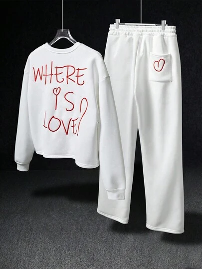 Manfinity EMRG 男士街头风格 INS 搭配“WHERE IS LOVE”刺绣户外音乐节、夜总会、男友/丈夫礼物、周年纪念礼物圆领运动衫和裤子套装、白色运动服、女士运动服套装、两件套运动服、配套运动服套装、运动套装、白色家居服套装、秋装