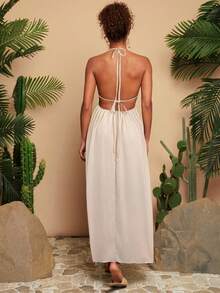 Travachic 女式纯色编织V领细肩带露背连衣裙 - 杏色 - 查看 2