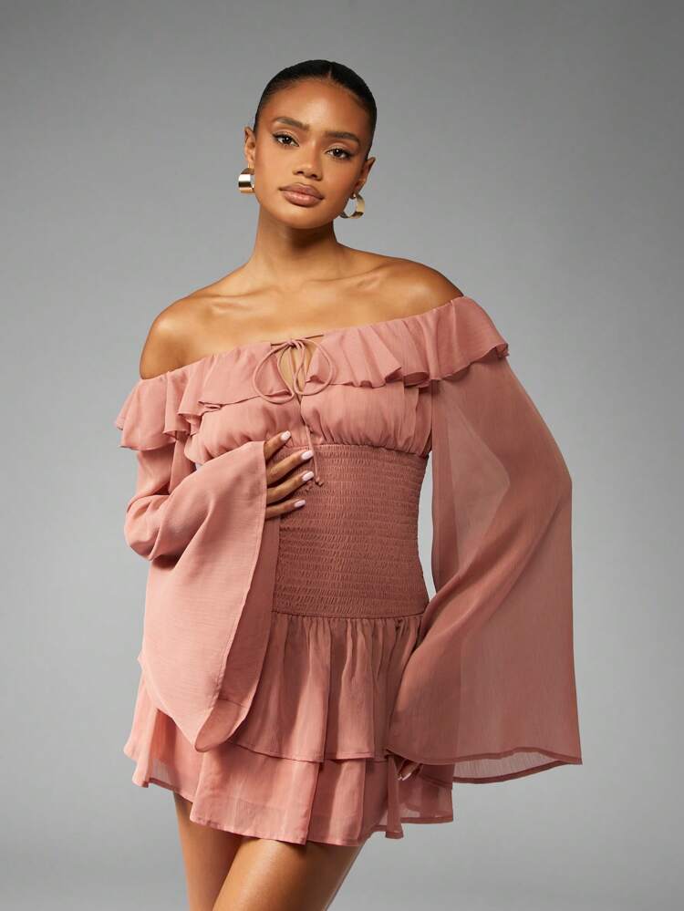 MISSGUIDED Off Shoulder Ruffle Dress With Bell Sleeves