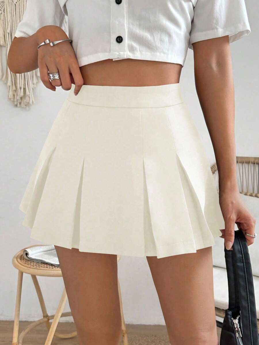 SHEIN PariChic Women's Collegiate Style Solid Color Pleated Mini Skirt - Apricot - View 1