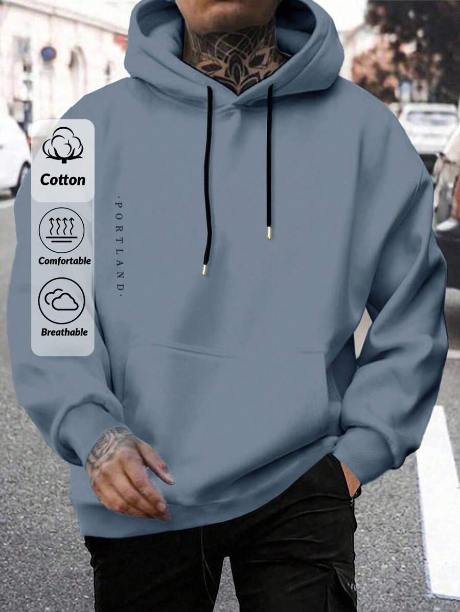 EURMUSE Cotton Men Letter Printed Regular Hoodie Sweatshirt - Blue - View 1