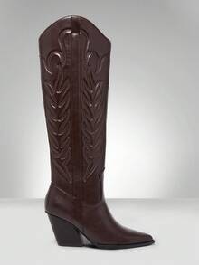 Solezae Women's Glamorous Comfortable Pointed Toe Block Heel Embroidery Knee High Boots - Maroon - View 5