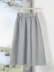 Rusticease 女士条纹松紧腰口袋休闲夏季百搭半身裙 - 灰色 - 查看 2