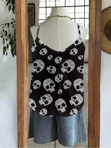 Mellowie 加大码万圣节休闲骷髅印花吊带背心，适合夏季度假、节日、万圣节装扮，性感，蕾丝边骷髅吊带背心，哥特风吊带背心 - 彩色 - 查看 4