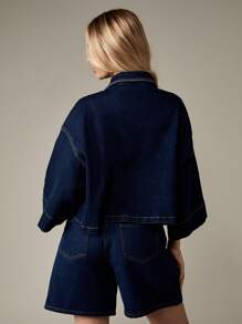 MISSGUIDED 女式短款牛仔夹克七分袖超大纽扣式卡车司机服秋春时尚休闲街头风格日常穿着