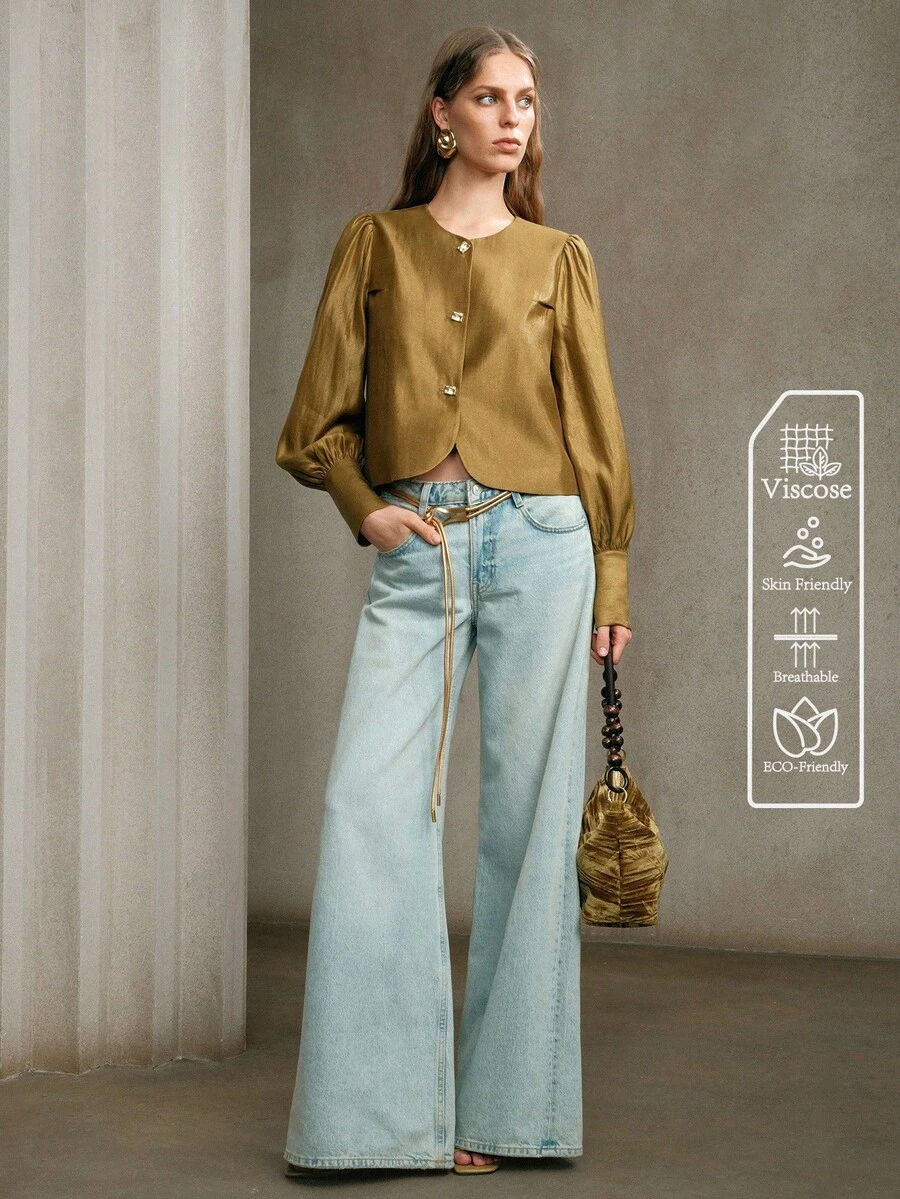 EMERY ROSE 女士优雅通勤纯色泡泡袖长袖衬衫