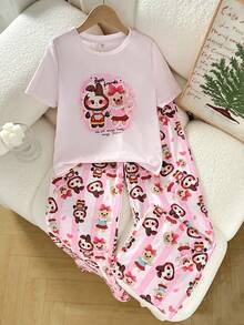 SHEIN 青少年女孩波西米亚风格卡通条纹可爱印花休闲简约圆领长袖 T 恤和宽松裤子家居服套装 - 淺粉色 - 查看 1