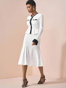 Zivah Elegant Black And White Autumn Tea Party 2 Pieces Set,Y2K Vintage Crew Neck Contrast Color Long Sleeve Ruffle Hem Metal Button Knit Top & Maxi Skirt - Black and White - View 4