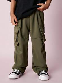 SHEIN 男童休闲时尚嘻哈风宽松大口袋工装裤 - 軍綠色 - 查看 3