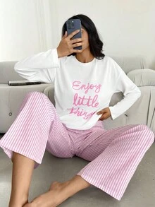 RueChic 100%Cotton Slogan Graphic Tee & Striped Pants PJ Set - Multicolor - View 4