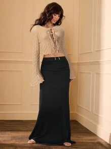 Opulessa 秋冬圣诞鸡尾酒会，优雅性感1件套女士度假纯色针织喇叭长袖前系带设计上衣 - 杏色 - 查看 4