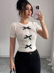 Selianne 女士镂空软绳针织套头衫，蝴蝶结，海滩风格 - 米色 - 查看 1