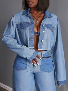 Áo khoác denim chắp vá họa tiết khối màu cỡ lớn, vai trễ, viền tua rua, mùa hè - Màu xanh lam - Xem 5