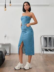CasuGlow DŁUGA SPÓDNICA Z ROZCIĘCIEM Z PRZODU PROSTA MODA CODZIENNA LUŹNA - Średni jeans - Zobacz 5