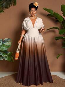 女士优雅浪漫渐变印花领结 V 领 A 字长裙，百搭设计，适合外出、海滩、音乐节、婚礼宾客毕业装商务休闲波西米亚风抽绳领结松紧腰度假旅行春夏秋季 A 字长裙 - 棕色 - 查看 4