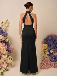 SHEIN Belle 优雅浪漫黑色缎面露背无袖褶皱高开衩露背美人鱼连衣裙，适合婚礼、活动、约会、伴娘 - 黑色 - 查看 3