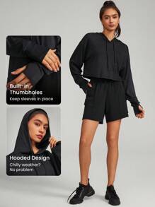 GLOWMODE Modal Ultra-Thin Drawstring Long Sleeve Cropped Hoodie Daily Casual - Black - View 3