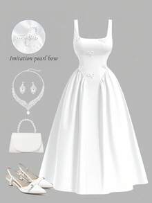 SHEIN MOD 春夏新款大码女式复古水钻链条白色露背中长连衣裙，优雅连衣裙，适合派对、宴会、音乐节、姐妹聚会、节日 - 白色 - 查看 7