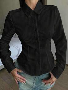 少女黑色修身弧形下摆图案衬衫、条纹衬衫、学院风衬衫、黑色衬衫、百搭百搭衬衫、少女衬衫 - 黑色 - 查看 3
