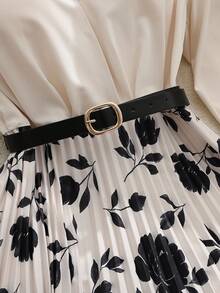 Franclia Váy dài tay, dáng dài vừa phải, cổ chữ V, viền xòe, họa tiết hoa đơn sắc, vát kim loại màu đen, thời trang tối giản dành cho nữ, mùa thu/đông - Màu be - Xem 3