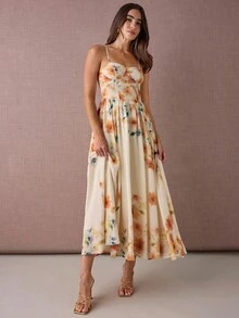 Enchnt Fall/Winter Romantic Women's Apricot Floral Print Spaghetti Strap Princess Maxi Dress - Yellow - View 6