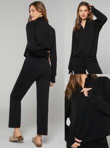 GLOWMODE Modal Silky Smooth Loose Stand-Up Half-Zip Collar Adjustable Drawstring Hem Long Sleeve Sweatshirt With Thumbholes Daily Casual  Spring Summer - Black - View 7