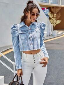 EMERY ROSE 大码前扣口袋休闲长袖牛仔泡泡袖夹克 - 淺色水洗藍 - 查看 7