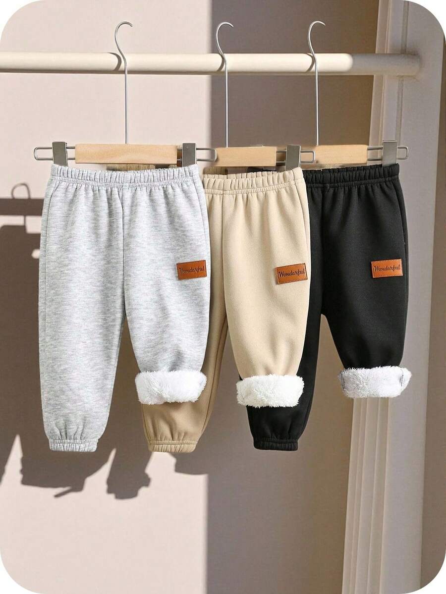 SHEIN 3条装男女宝宝可爱加厚弹力腰裤，中性婴儿运动裤，多件装百搭，秋冬季男宝宝运动裤，男宝宝保暖裤，男宝宝冬季裤 - 彩色 - 查看 1