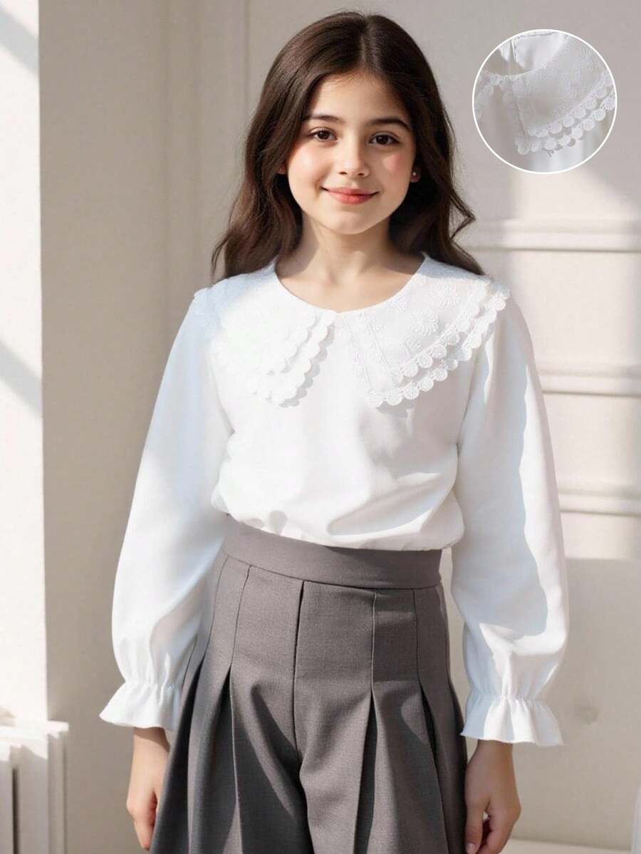 女孩优雅蕾丝边刺绣双层彼得潘领长袖休闲公主衬衫，适合度假、旅行、派对、生日礼物，春秋季 - 白色 - 查看 1