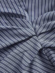 SHEIN MOD 翻领、泡泡袖和腰部褶皱条纹衬衫、正装衬衫、女式工作衬衫、V 领衬衫、秋季女式衬衫、女式翻领衬衫、商务女装、商务休闲女装 - 藏蓝色 - 查看 3