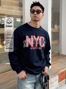 RueChic Men Cottonline Letter Printed Crew Neck Regular Sweatshirt - Navy Blue - View 1