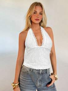 Aloruh Women's Deep V-Neck Lace Trim Halter Neck Camisole - White - View 1