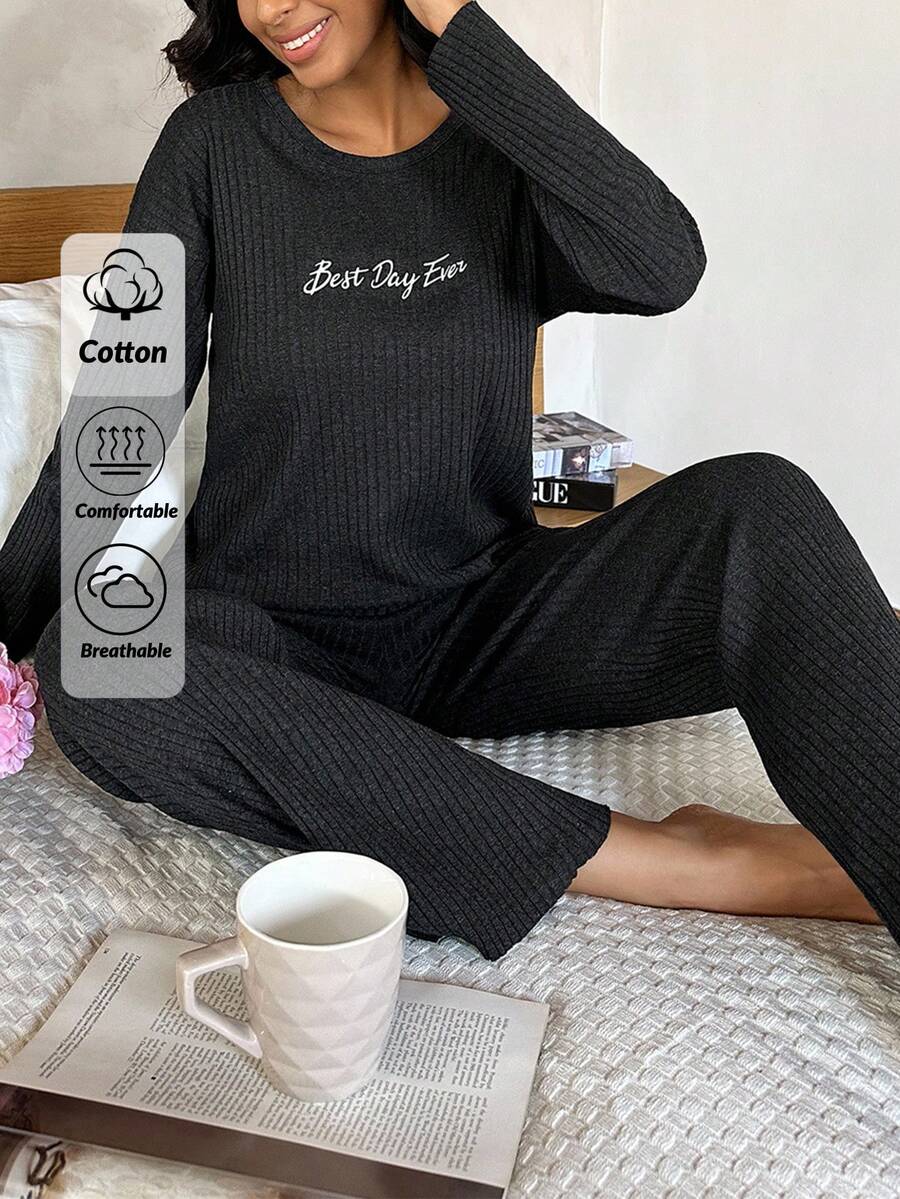 RueChic Letter Graphic Tee & Pants Lounge Set - Black - View 1