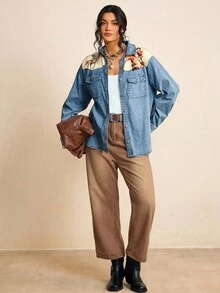 Freevana Áo sơ mi denim màu denim phong cách du mục đã giặt dành cho nữ cỡ lớn - Nhiều màu - Xem 7