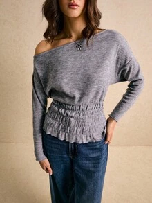 Poéselle 女士T恤，褶裥腰T恤，不对称领T恤，灰色T恤，舒适基础款打底衫，休闲女士纯色不对称领收腰T恤，春秋季女装，冬季女装 - 灰色 - 查看 1