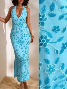 Opulessa Váy hở lưng đính hạt màu trơn dành cho nữ - Màu xanh lam - Xem 6