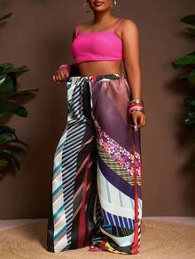 Slaydiva Pantalon évasé ample pour femmes grandes tailles, collection Printemps-Été 2025. Présentant un imprimé tie-dye sur tissu satiné pour le streetwear, les sorties casual, les fêtes et les rassemblements sociaux