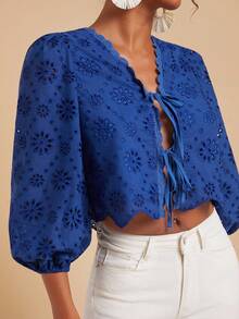 Travachic Blusa azul de mujer con mangas farol, cuello con lazo y bordado, blusa azul real con ojales, top corto azul con lazo delantero, blusa azul con lazo delantero, otoño e invierno para mujer, estilo casual, otoño para mujer, elegante, salida, elegante, estilo campestre para mujer, Día Nacional, Año Nuevo, elegante y lujosa para graduación