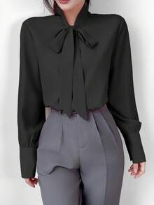 Uhlyne 纯色优雅长袖纽扣衬衫，长袖上衣 - 黑色 - 查看 5