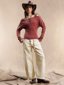 Easelle Women's Vintage Wash Water Bohemian Persimmon Red Off Shoulder Long Sleeve Knitted Women T-Shirt Fall Winter Women Clothes Off The Shoulder Tops