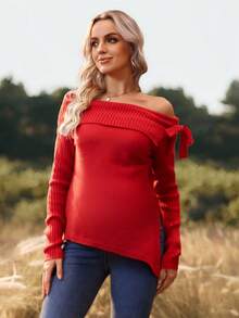 SHEIN 孕妇纯色露肩长袖侧开衩时尚毛衣 - 紅色 - 查看 1