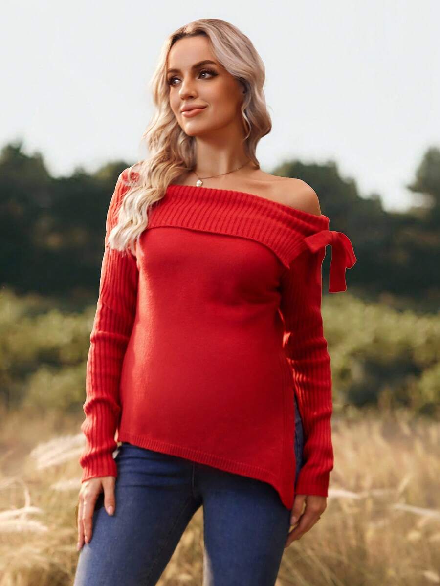 SHEIN 孕妇纯色露肩长袖侧开衩时尚毛衣 - 紅色 - 查看 1