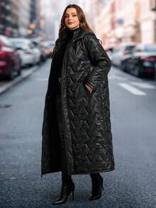 SHEIN Clasi 大码女式羽绒服，优雅黑色带口袋羽绒服，中长款羽绒服，带帽羽绒服，秋冬长款女式外套，长款绗缝夹克，冬季女式长款外套，女式羽绒服