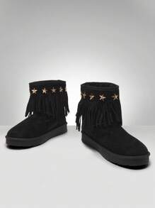 Solezae 时尚女式黑色绒面超级明星 Ogg 风格短靴流苏平底舒适初秋冬季雪地保暖鞋 - 黑色 - 查看 2