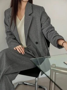 Dazy-Less 女士宽松商务休闲格子西装套装，深色底色优雅办公室通勤西装外套和直筒裤，秋冬 - 灰色 - 查看 6