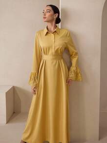 Graceveil Autumn Woven Embroidered Patchwork Elegant Teacher's Dress, Long Dress For Back To School, Yellow Autumn Long Sleeve Maxi Dress Fall Cloth For Women - Yellow - View 7