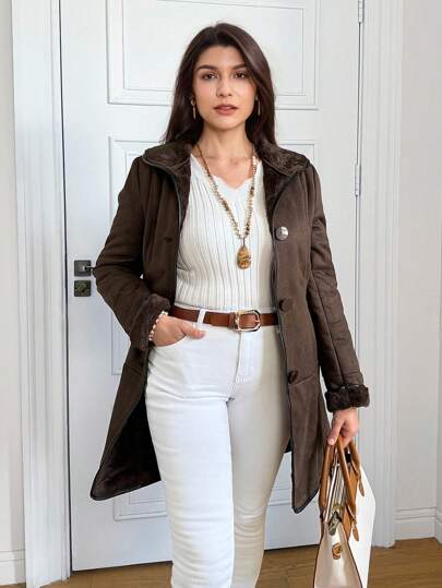 SHEIN LUNE 女式休闲拼色滚边内衬常规夹克，秋冬