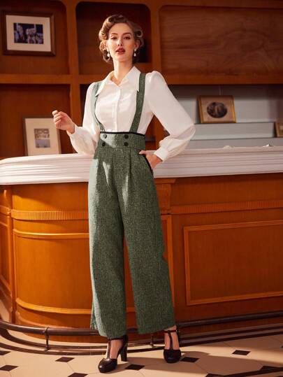 Vintamour Vintage Elegant Women's Jumpsuit Double Breasted Color Block Trimmed Suspender Wide-Leg Pants Dress Pants Women Pant Suit Summer Pants Summer Bottoms Country Concert Outfit Women Pants Grey Jumpsuit Grey Pants Spring Summer Outfit Old Money Aesthetic Fall Clothes Teacher Clothes