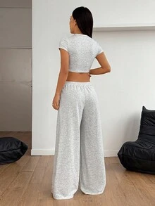 SHEIN PETITE 女士休闲纯色短款 T 恤和裤子两件套，夏季 - 灰色 - 查看 2